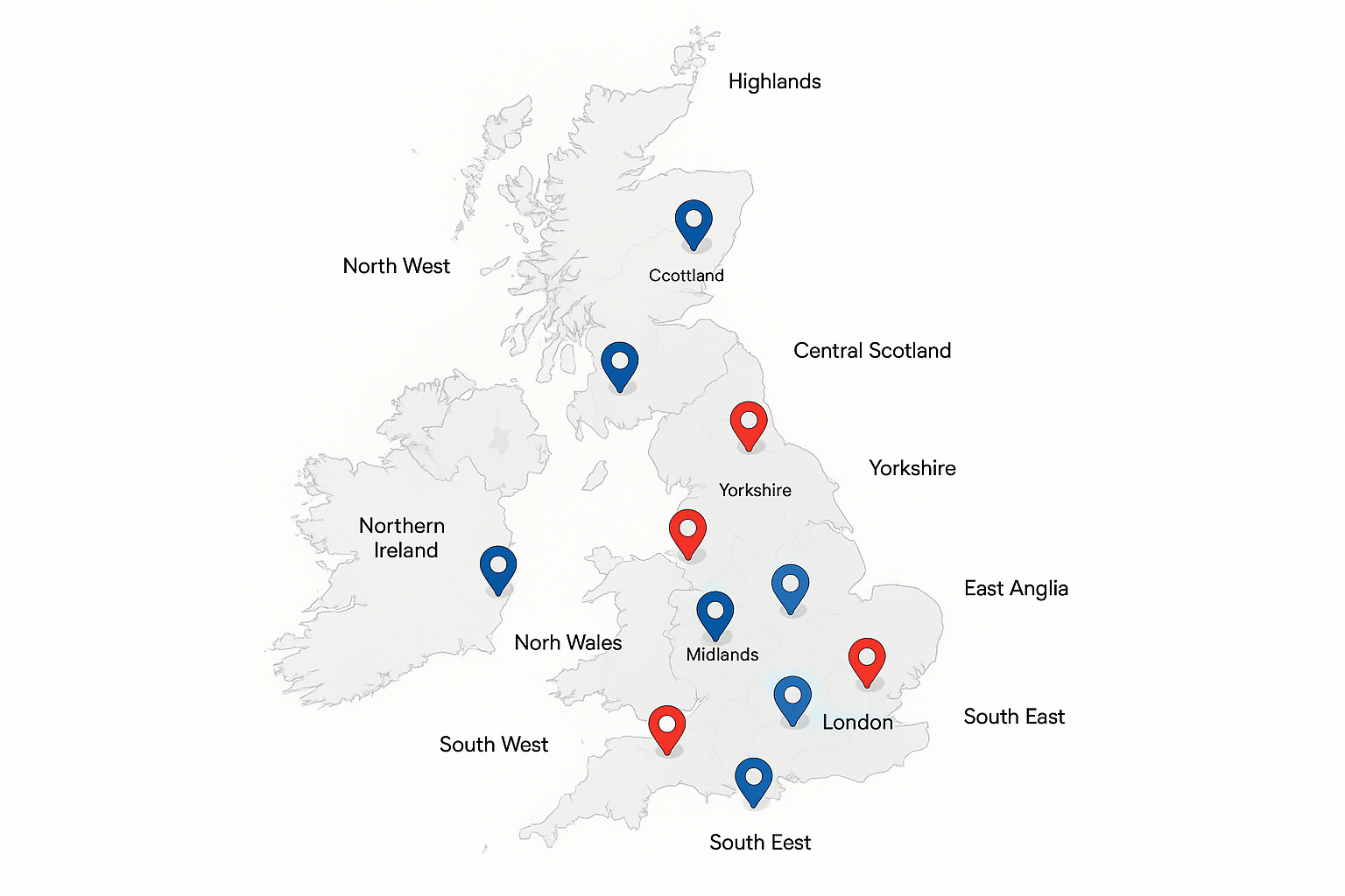 uk map with pinpointed pins in the region 