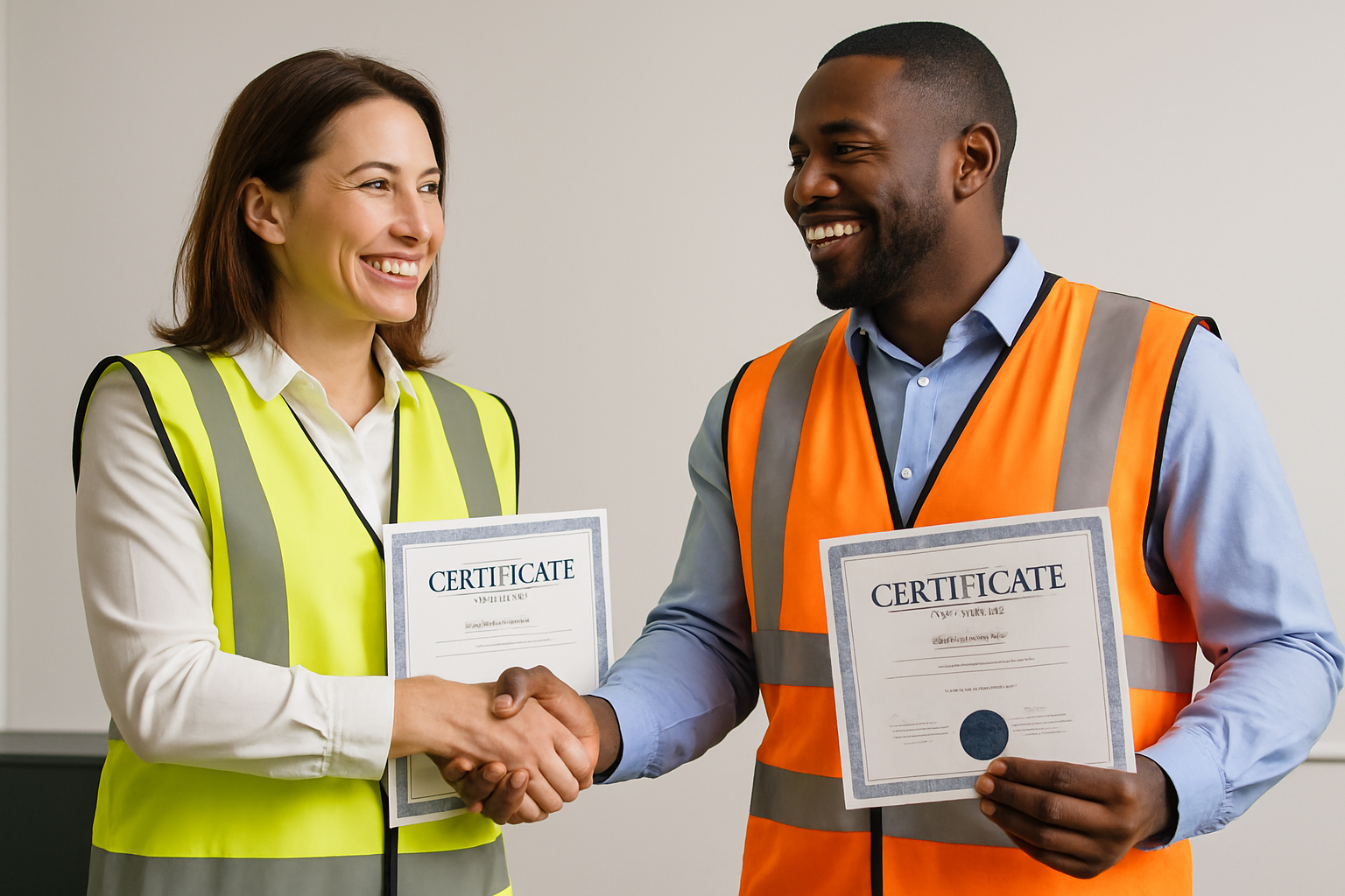 value and quality two people shaking hangs with and certificate in their hands with high vis on 